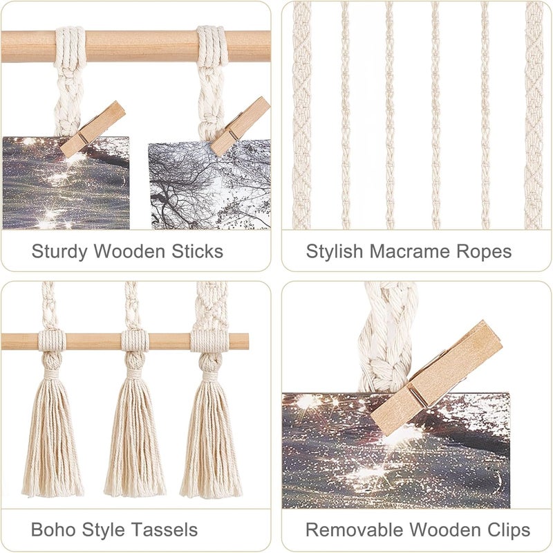 Dahey Macrame Hanging Photo Display Dorm Wall Decor Boho Picture Frames Collage for Picture String with Clips Photo Hanger with Lights Artwork for Teen Girl College Living Room Bedroom Christmas Gift - Image 5